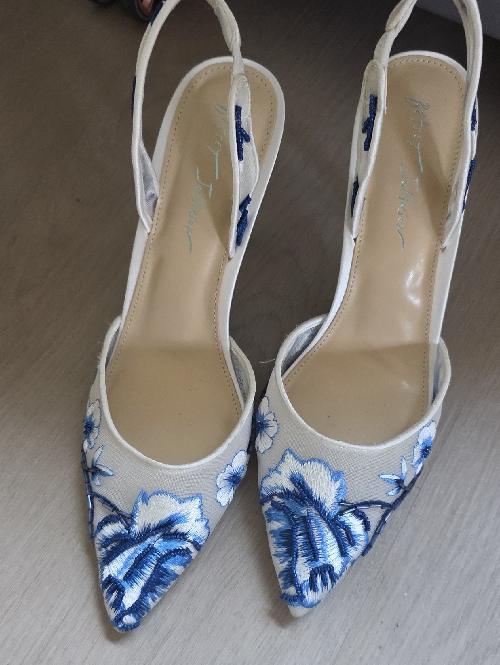 Betsey Johnson White Slingback Heels with Blue Floral Embroidery